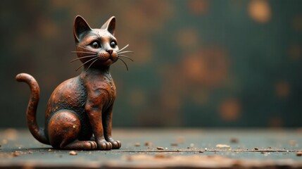 Rustic bronze feline figurine sits on a dark wooden surface