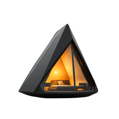 A futuristic triangular cabin with a minimalist bedroom interior illuminated by warm lighting is shown.
