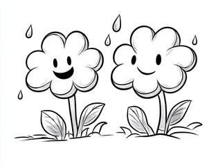 Coloring page for kids, two flowers in the rain, cartoon style, thick lines.