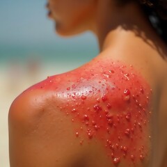 Fototapeta premium Severe Sunburn on a Person's Shoulder, Red Skin with Blisters