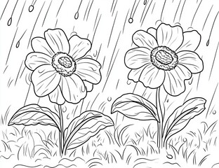 Coloring page for kids, two flowers in the rain, cartoon style, thick lines.