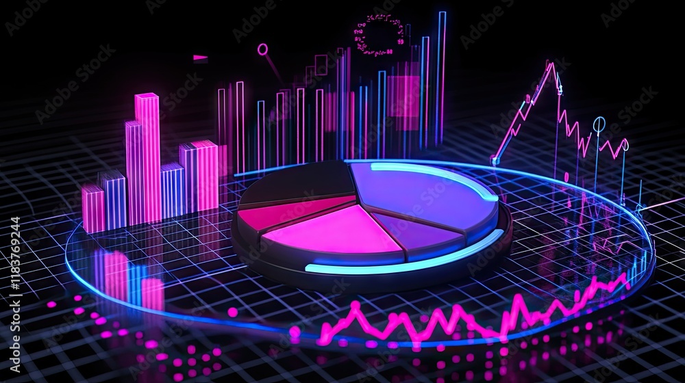 Poster neon glowing data charts and graphs 3d abstract visualization