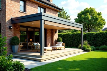 Fototapeta premium Modern conservatory with awning in the garden, conservatory, architecture, awning