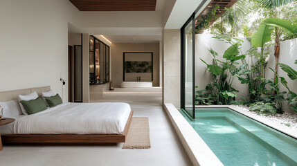 Fototapeta premium Cozy poolside area with modern bedroom and lush greenery