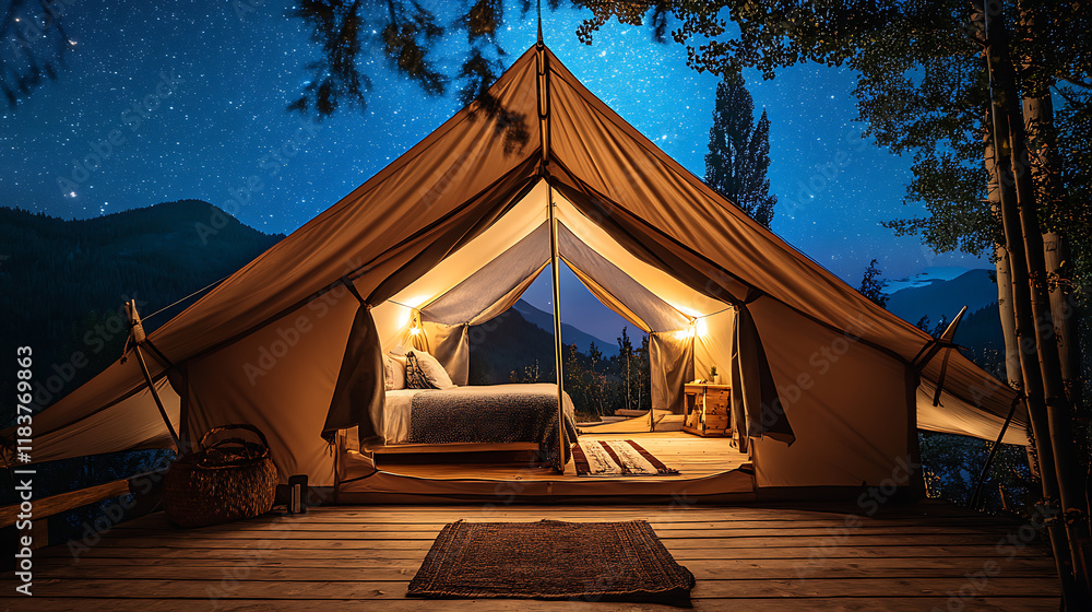 Aufkleber illuminated camp tent under a view of the mountains and a starry sky