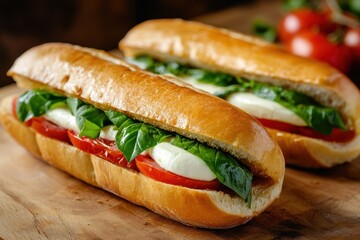 Tasty sandwiches featuring mozzarella fresh tomatoes and basil available