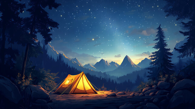 Illuminated camp tent under a view of the mountains and a starry sky