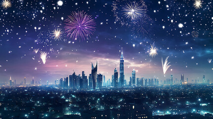 Illustration of a skyline at night in saudi arabia during a celebration at night with fireworks