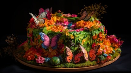 Fototapeta premium The fantasy cake is shaped like a blooming garden. The macaroni pieces are colored in bright shades of green, pink, and orange, forming a flower and leaf pattern.
