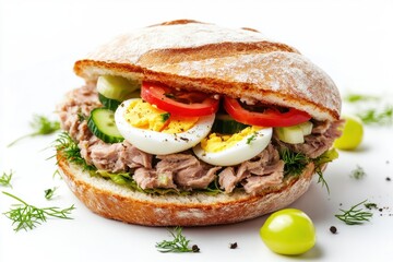Tasty tuna egg and vegetable sandwich on a light backdrop