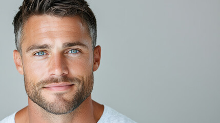 Fototapeta premium man with relaxed expression and striking blue eyes smiles warmly