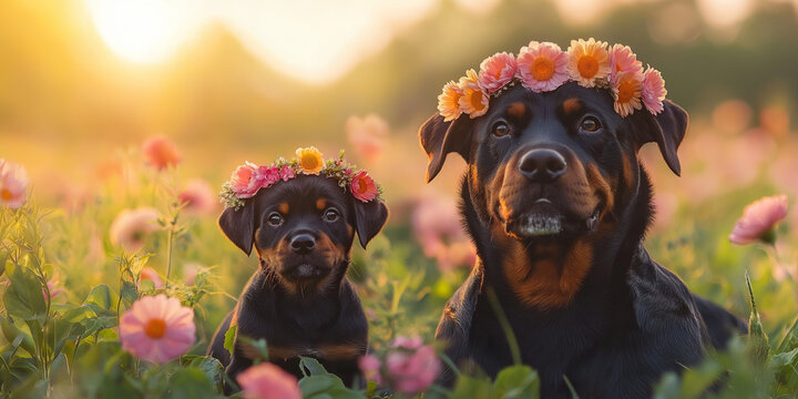 Playful rottweilers adorned with floral crowns sunlit flower field pet photography outdoor setting close-up view joyful companionship