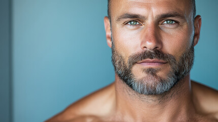 Obraz premium Rugged man with beard and intense gaze, showcasing confidence and strength