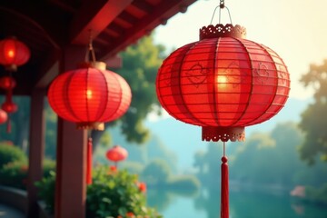 Obraz premium Red paper lantern, intricate cutouts, hanging from ceiling, light, translucent, korean