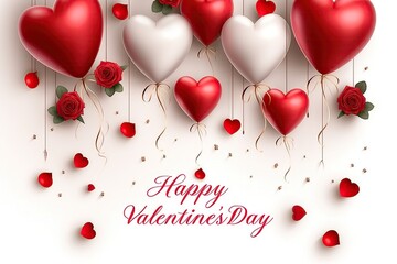 Red and white heart-shaped balloons and roses with "Happy Valentine's Day" text on a white backdrop. A romantic vector illustration for greeting cards, posters, or banners with space for customization