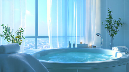 Fototapeta premium Light bathroom interior with tub and accessories, panoramic window