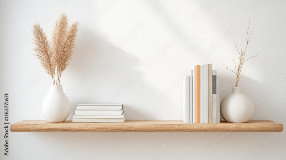 Poster modern bookshelf with books and decorative vases, creating serene atmosphere