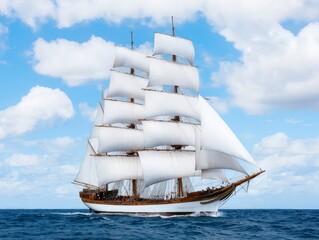 Majestic Tall Ship with Full Sails Gliding Across Calm Ocean Under Bright Blue Sky with Fluffy White Clouds, Capturing the Essence of Maritime Adventure and Serenity