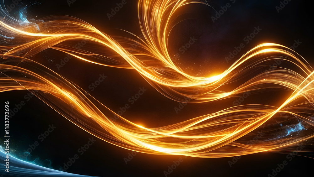 Aufkleber dynamic abstract waves of glowing golden light flow through a dark, vast space, creating an intense 