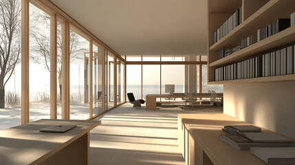 Fototapeta premium Light office interior with chill and work area, shelf and panoramic window