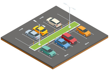 Isometric parking lot illustration with multiple cars and green spaces. Vector graphic showcasing road signs, arrows, and street lights © Golden Sikorka
