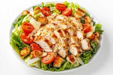 Top view of a Caesar salad featuring chicken tomatoes iceberg lettuce croutons and parmesan on a white table