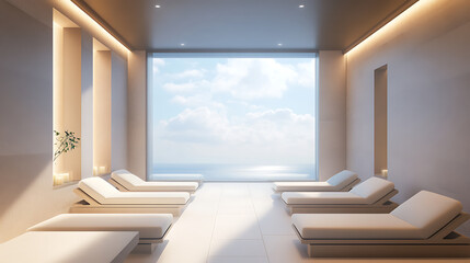 Light relax room interior with seats and panoramic window, mockup frames