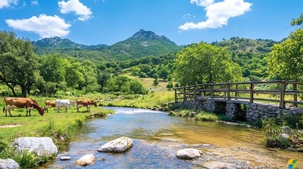 Cows graze by a mountain stream, sunny idyllic landscape