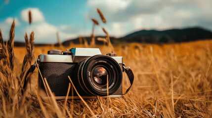 A vintage camera resting in golden field, capturing beauty of nature. scene evokes sense of nostalgia and adventure, perfect for photography enthusiasts