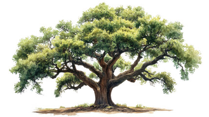 beautiful large oak tree watercolor painting is isolated on transparency background, showcasing intricate details and vibrant colors. artwork captures essence of nature majesty