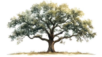 Fototapeta premium beautiful large oak tree watercolor painting with lush green foliage and sturdy trunk, isolated on transparency background, showcasing nature elegance and tranquility