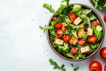 Top view of a tasty Caesar salad on a white backdrop