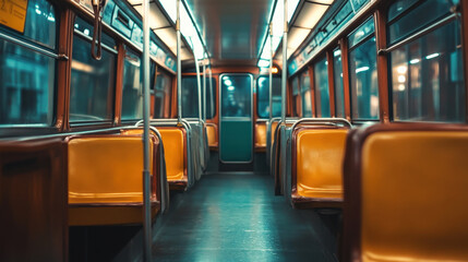 Fototapeta premium Empty bus interior with yellow seats and dim lighting, creating nostalgic atmosphere. perspective highlights long aisle and unique design of bus