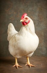 Fototapeta premium Elegant White Hen Displaying Its Unique Plumage and Features Against a Rustic Background, Capturing the Essence of Farm Life and Domestic Birds