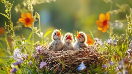 A captivating shot of baby birds chirping energetically in their nest, surrounded by colorful wildflowers, illustrating the vibrancy of life in nature.