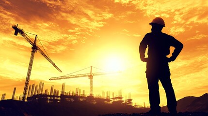 Silhouette of Construction Worker at Sunset