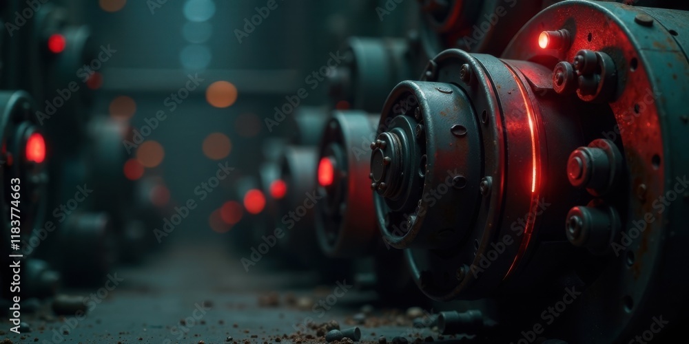 Aufkleber intricate machinery with glowing red indicators in a dark industrial setting