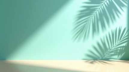 Fototapeta premium Modern Tropical Minimalism with Palm Shadows Cast on a Bold Blue Wall and Muted Pastel Floor, Ideal for Summer-Themed Product Displays