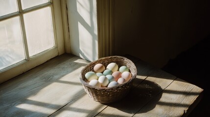 Pastel Eggs in a Basket by a Window