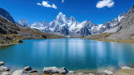 serene lake reflecting majestic mountains under clear blue sky