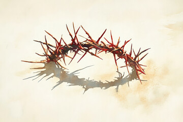 Naklejka premium Elegant watercolor crown of thorns with soft shadows on a beige backdrop in a serene and artistic portrayal