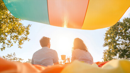 couple enjoys sunset under colorful canopy, creating warm atmosphere