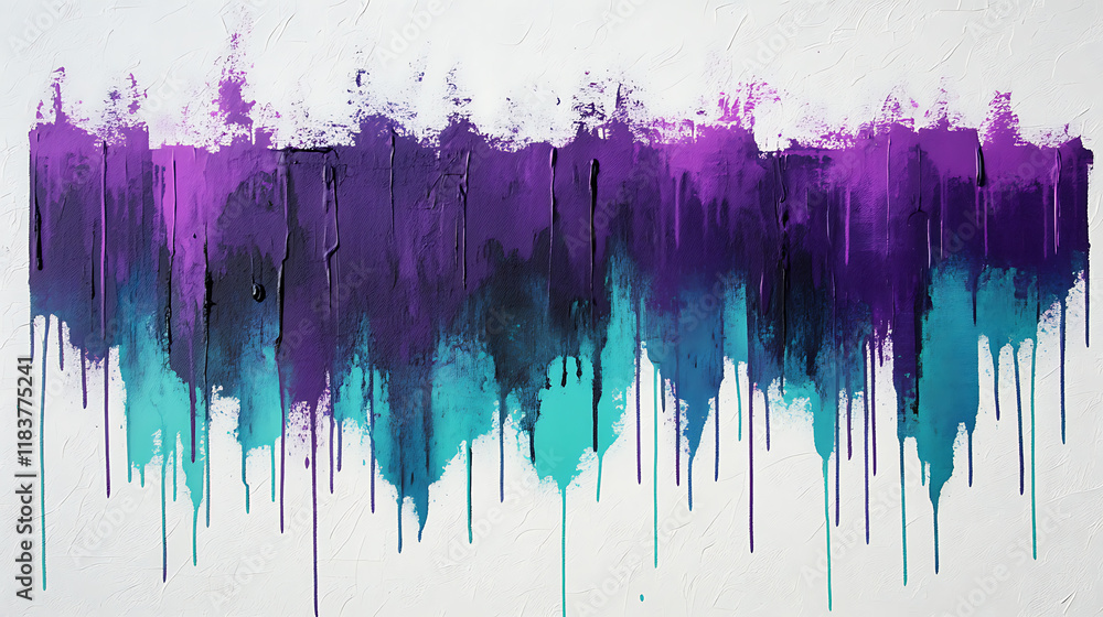 Poster multicolored purple and teal abstract paint splash with drips on paper textured background