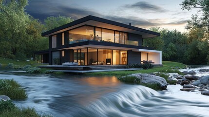 Fototapeta premium Modern Riverside House 3D Model Blueprint