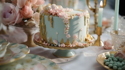 A close-up of a vibrant cake constructed from pastel-colored macaroni--blush pink, mint green, and baby blue.