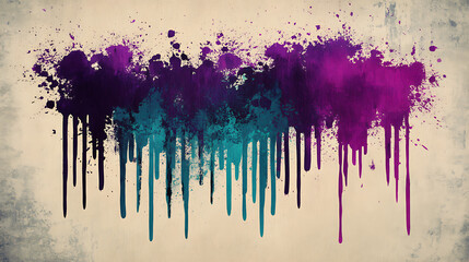 Fototapeta premium Multicolored purple and teal abstract paint splash with drips on paper textured background