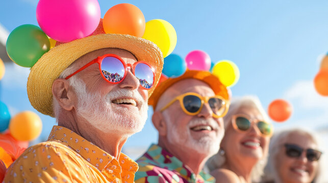 Joyful seniors celebrate with colorful balloons and sunglasses at festive event