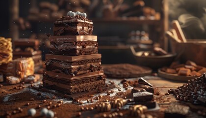 A stack of chocolate squares with white chocolate pieces on top.  There is cocoa powder and other chocolate treats scattered around the squares.