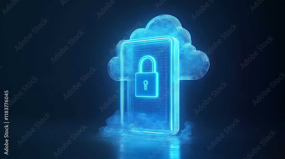 Poster padlock hologram with password and cloud service for documents storage