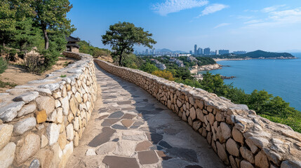 scenic pathway along historic stone walls with coastal view
